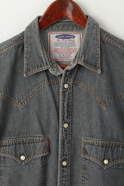 Chicanos Men M Casual Shirt Grey Denim Jeans Vintage Snap Western Cotton Top