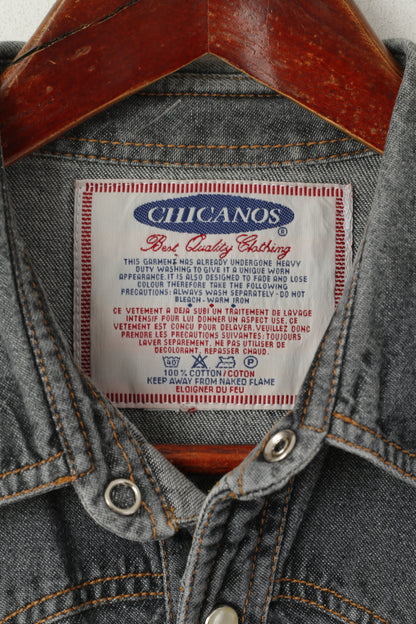 Chicanos Hommes M Chemise décontractée Gris Denim Jeans Vintage Snap Western Haut en coton