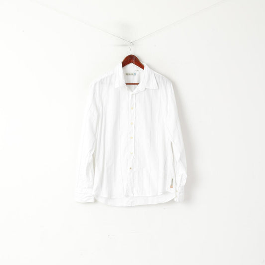 Duck And Cover Men XL Casual Shirt White Cotton Striped Texture Long Sleeve Top