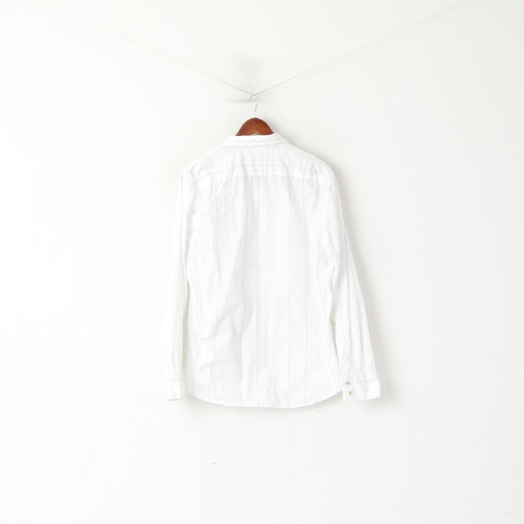 Duck And Cover Men XL Casual Shirt White Cotton Striped Texture Long Sleeve Top