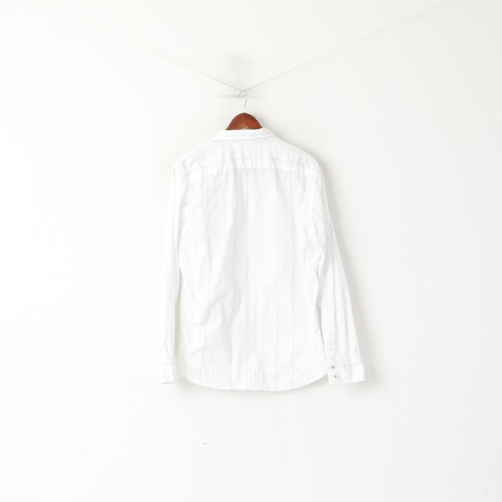 Duck And Cover Men XL Casual Shirt White Cotton Striped Texture Long Sleeve Top