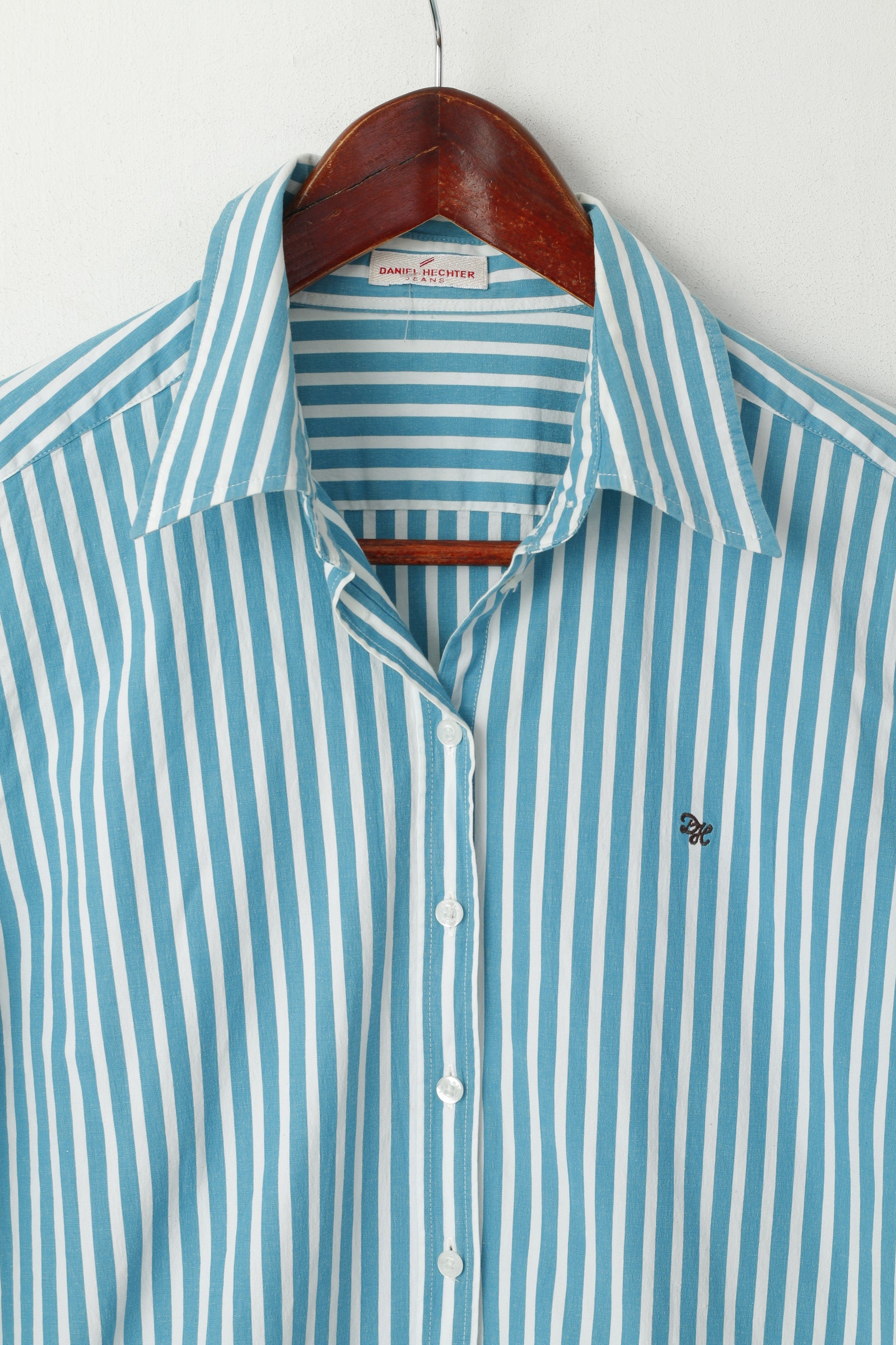 Daniel Hechter Jeans Women 16 M Casual Shirt Turquoise Striped Long Sleeve Cotton Top