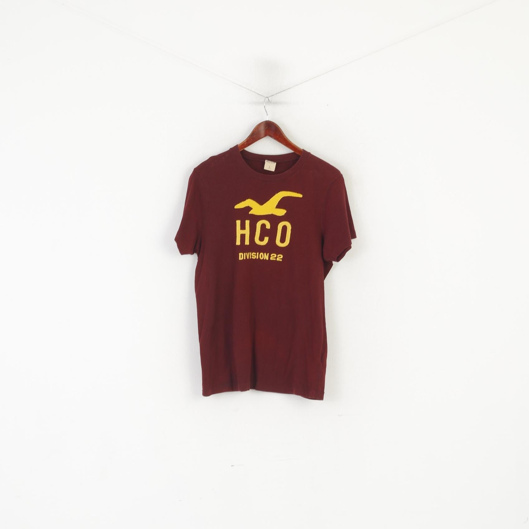 Hollister Camicia a L da uomo in cotone marrone ricamato con logo ricamato, girocollo elasticizzato