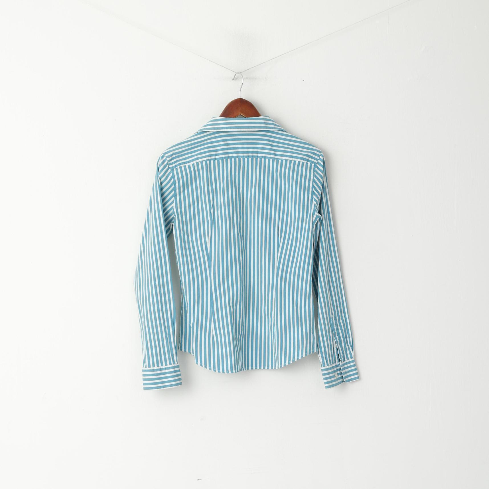 Daniel Hechter Jeans Women 16 M Casual Shirt Turquoise Striped Long Sleeve Cotton Top