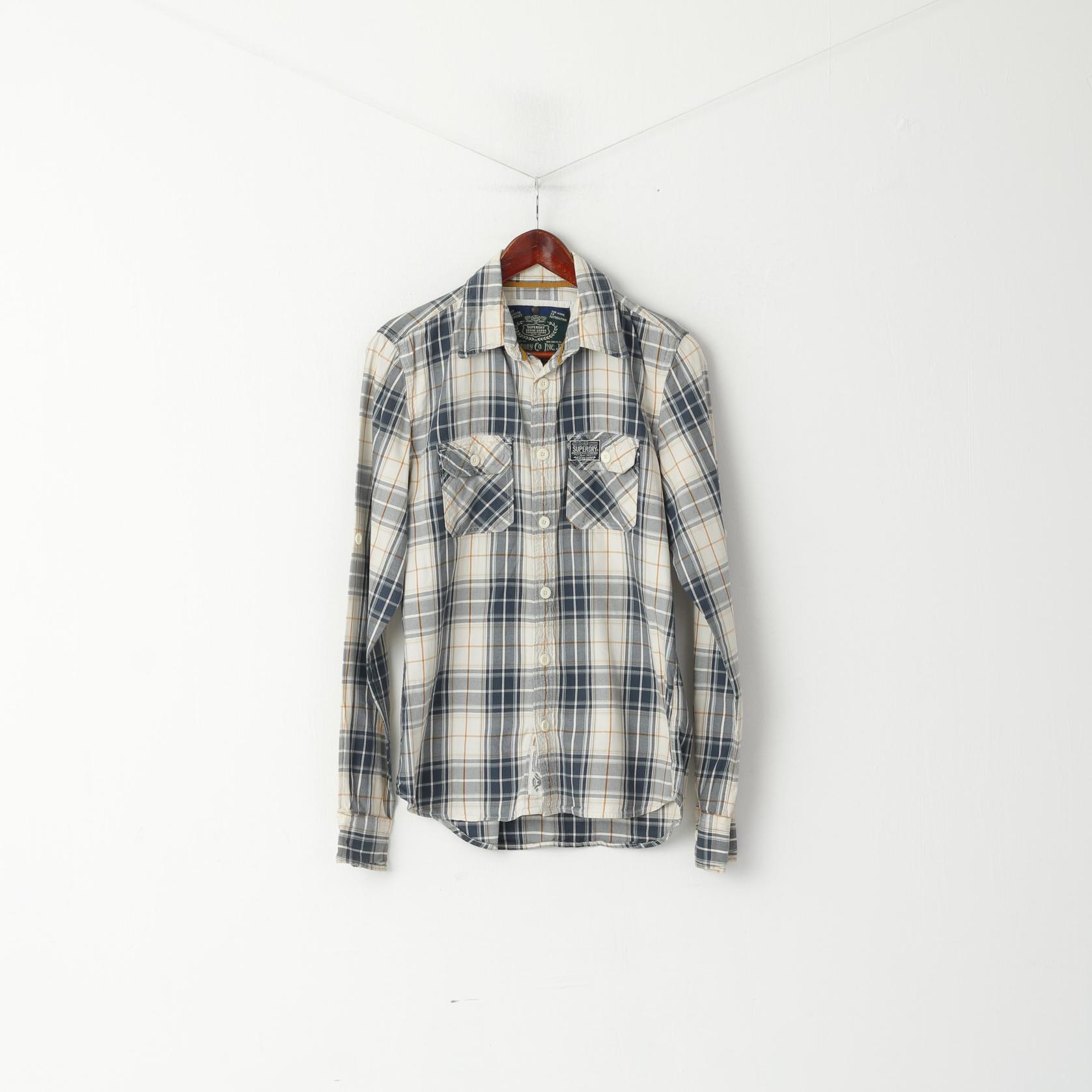 Camicia casual da uomo M Superdry Top a maniche lunghe con tasca in cotone a quadri beige