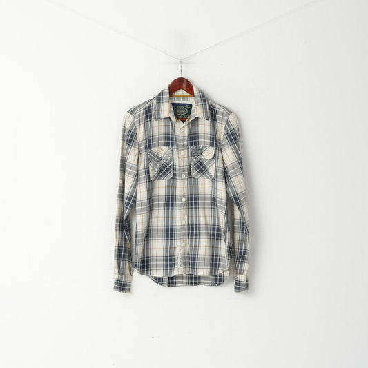 Superdry Men M Casual Shirt Beige Check Cotton Pocket Haut à manches longues