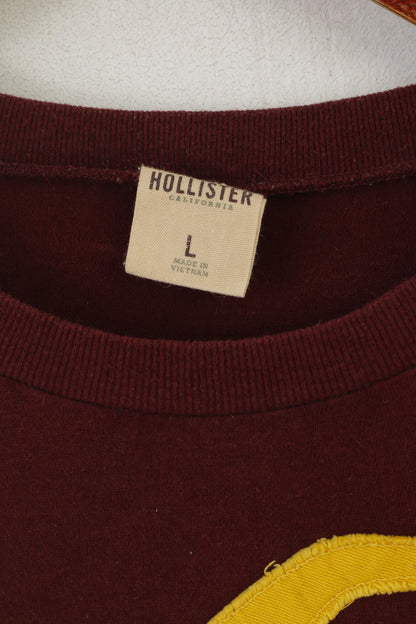 Hollister Men L Shirt Maroon Cotton Emroidered Logo Crew Neck Stretch Top