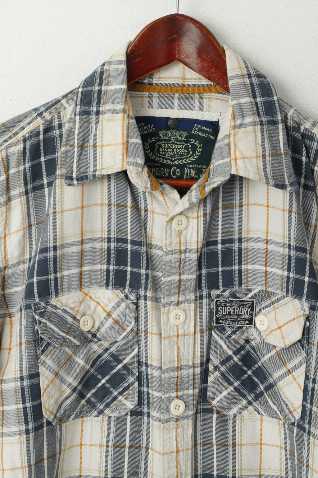 Camicia casual da uomo M Superdry Top a maniche lunghe con tasca in cotone a quadri beige