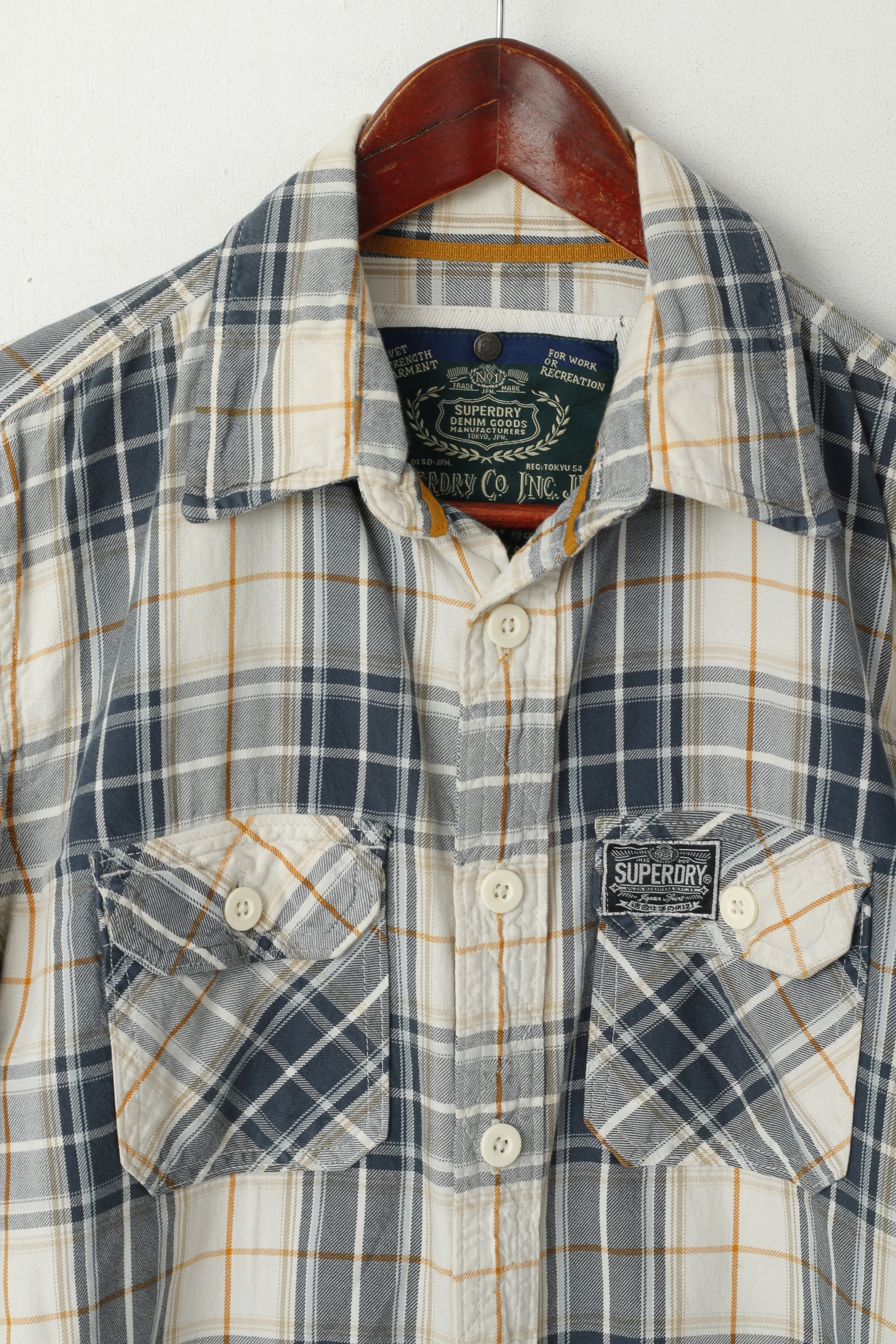 Camicia casual da uomo M Superdry Top a maniche lunghe con tasca in cotone a quadri beige