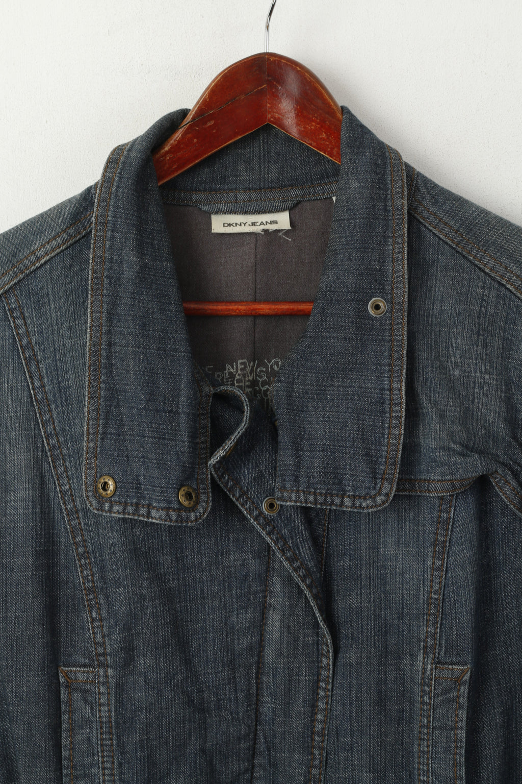 DKNY Jeans Femmes L Manteau Marine Denim Coton Fermeture Éclair Complète Ceinturée Poches Haut Long