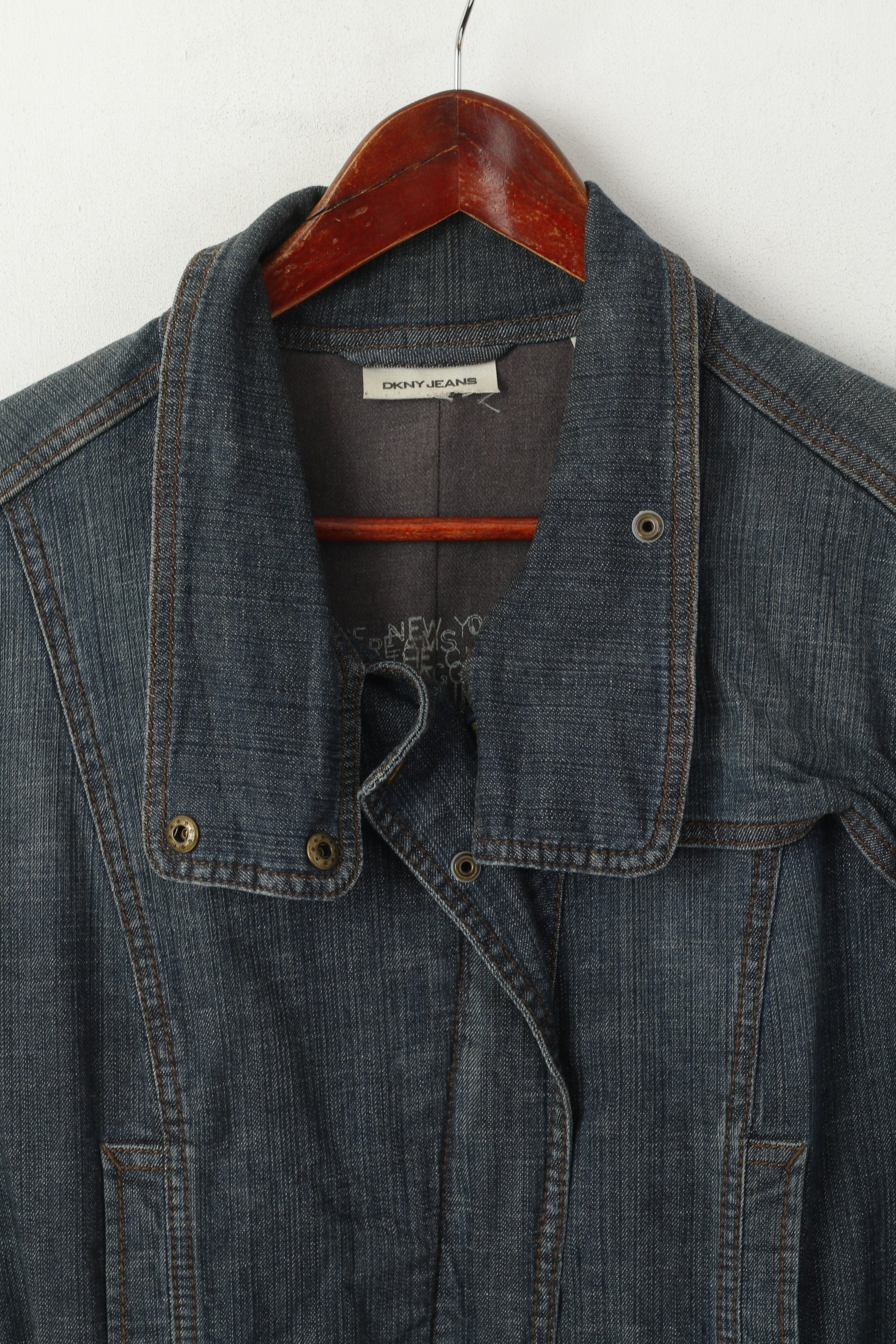 DKNY Jeans Femmes L Manteau Marine Denim Coton Fermeture Éclair Complète Ceinturée Poches Haut Long