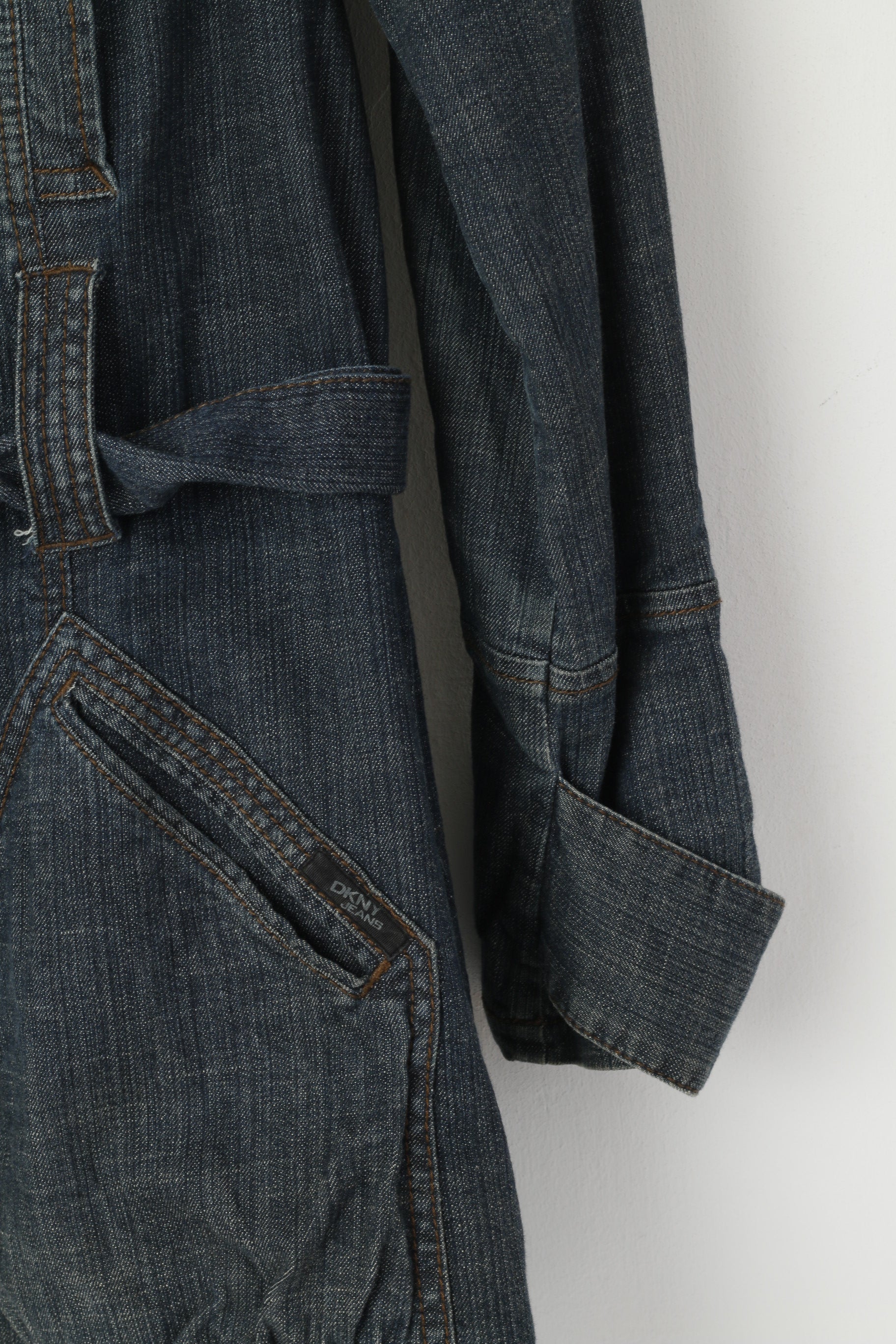 DKNY Jeans Femmes L Manteau Marine Denim Coton Fermeture Éclair Complète Ceinturée Poches Haut Long