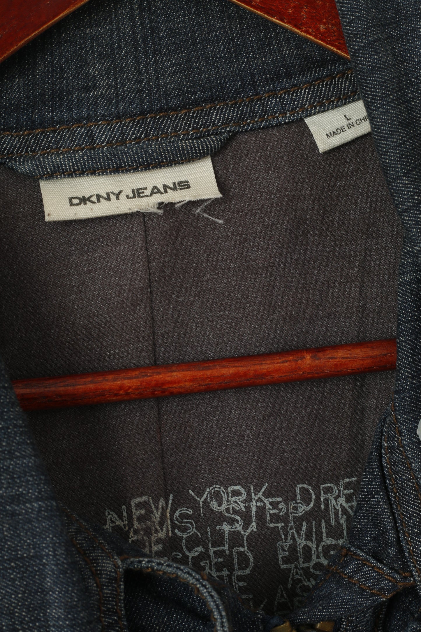 DKNY Jeans Femmes L Manteau Marine Denim Coton Fermeture Éclair Complète Ceinturée Poches Haut Long