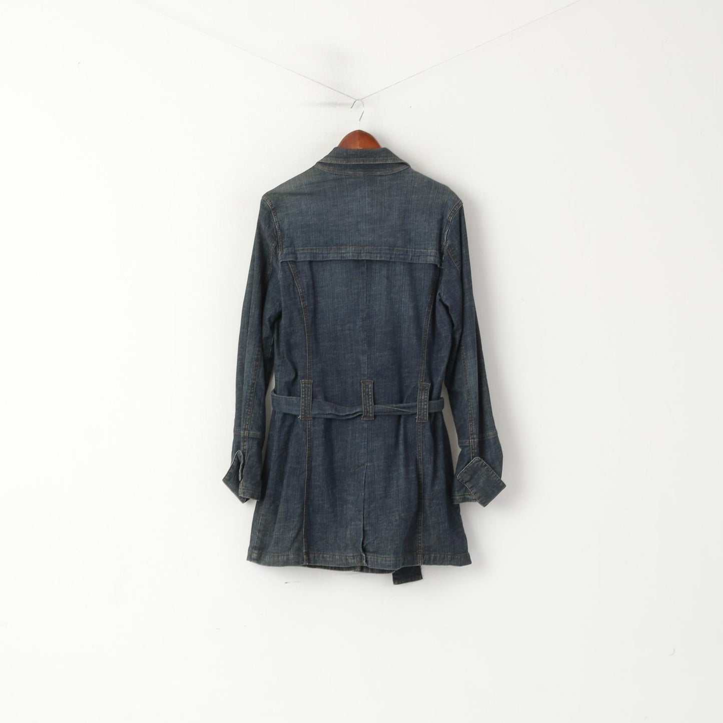 DKNY Jeans Women L Coat Navy Denim Cotton Full Zipper Belted Pockets Long Top
