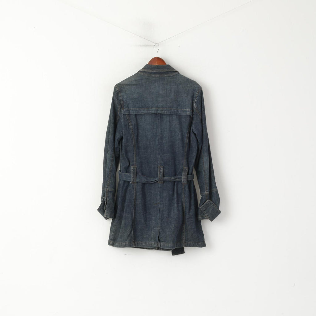 DKNY Jeans Femmes L Manteau Marine Denim Coton Fermeture Éclair Complète Ceinturée Poches Haut Long