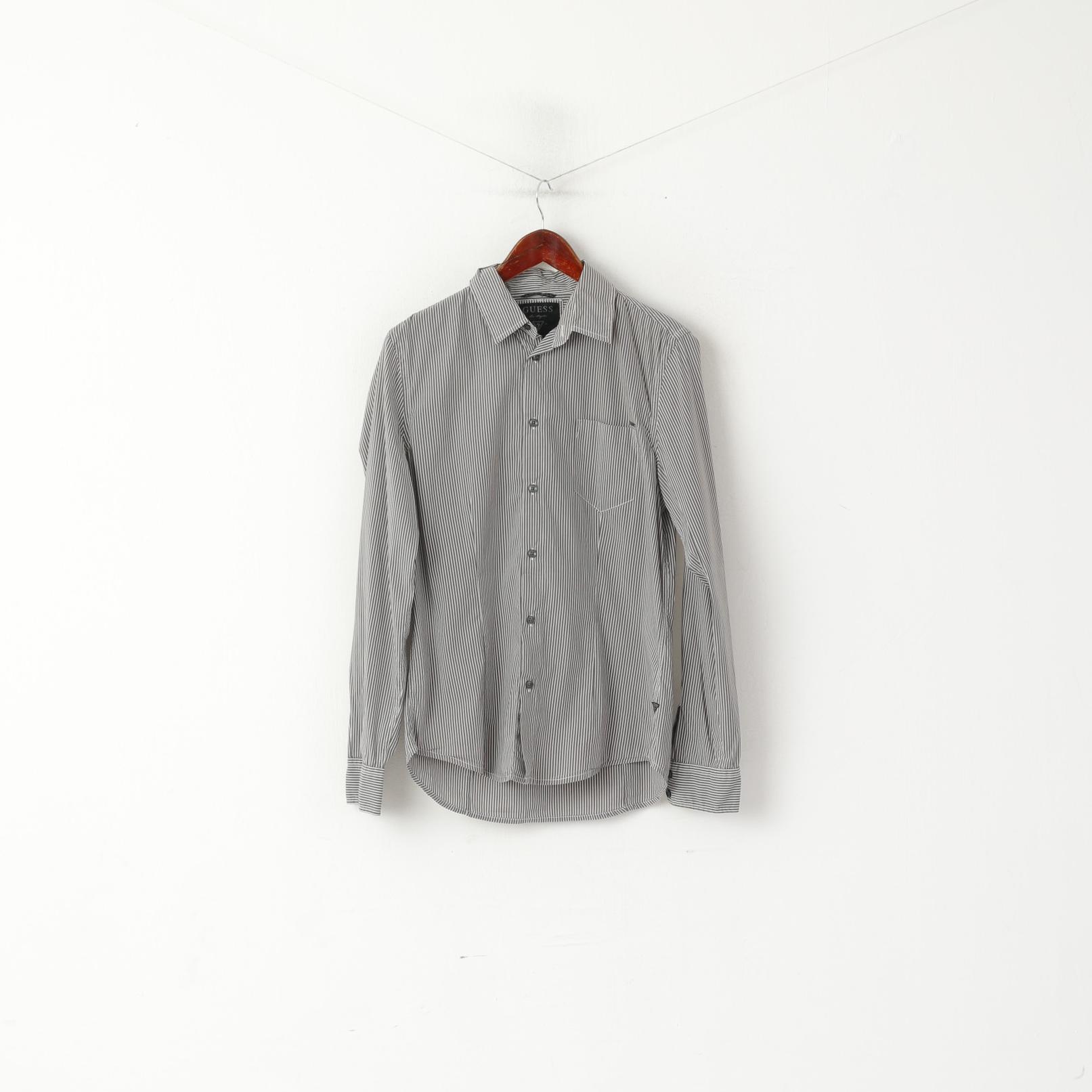 Guess Men M Casual Shirt Gray Striped Cotton Stretch Long Sleeve Pocket Top