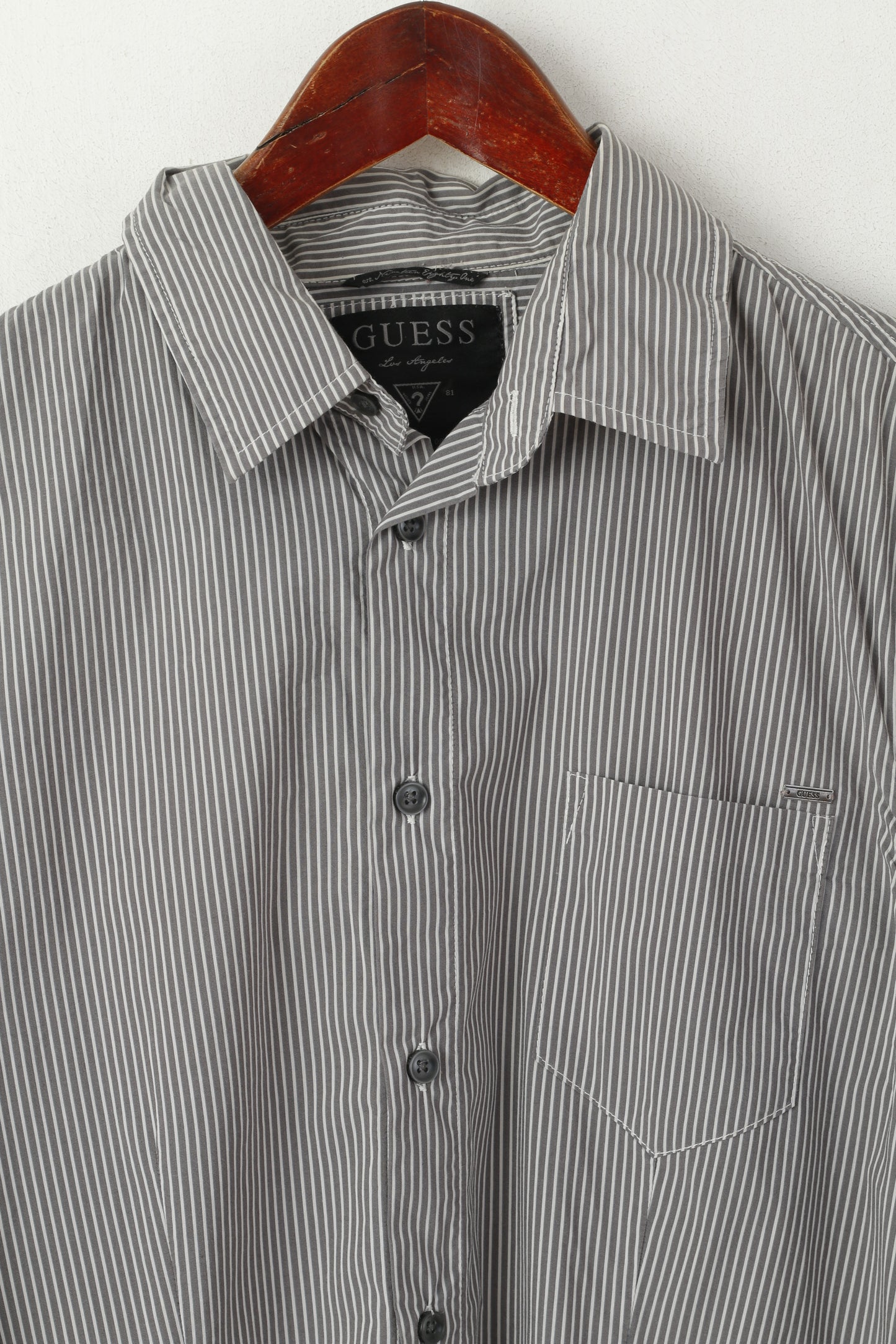 Guess Men M Casual Shirt Gray Striped Cotton Stretch Long Sleeve Pocket Top