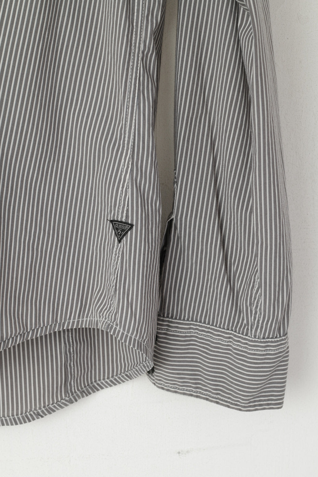 Guess Men M Casual Shirt Gray Striped Cotton Stretch Long Sleeve Pocket Top