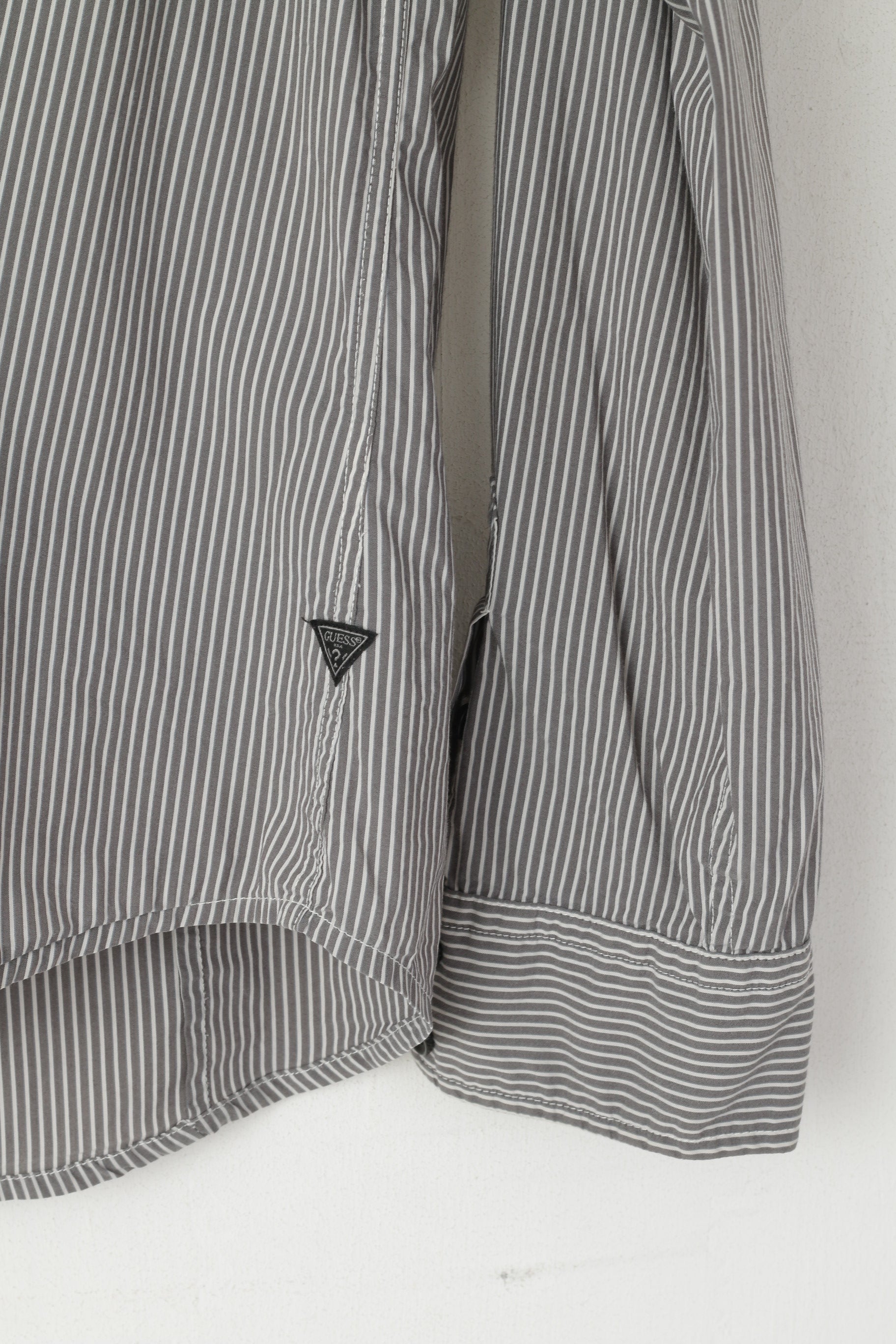 Guess Men M Casual Shirt Gray Striped Cotton Stretch Long Sleeve Pocket Top