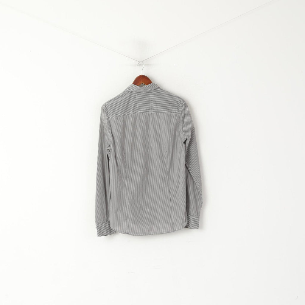 Guess Men M Casual Shirt Gray Striped Cotton Stretch Long Sleeve Pocket Top