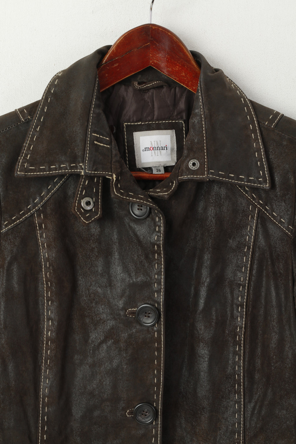 Monnari Women 36 S Leather Jacket Brown Vintage Single Breasted Shiny Coat