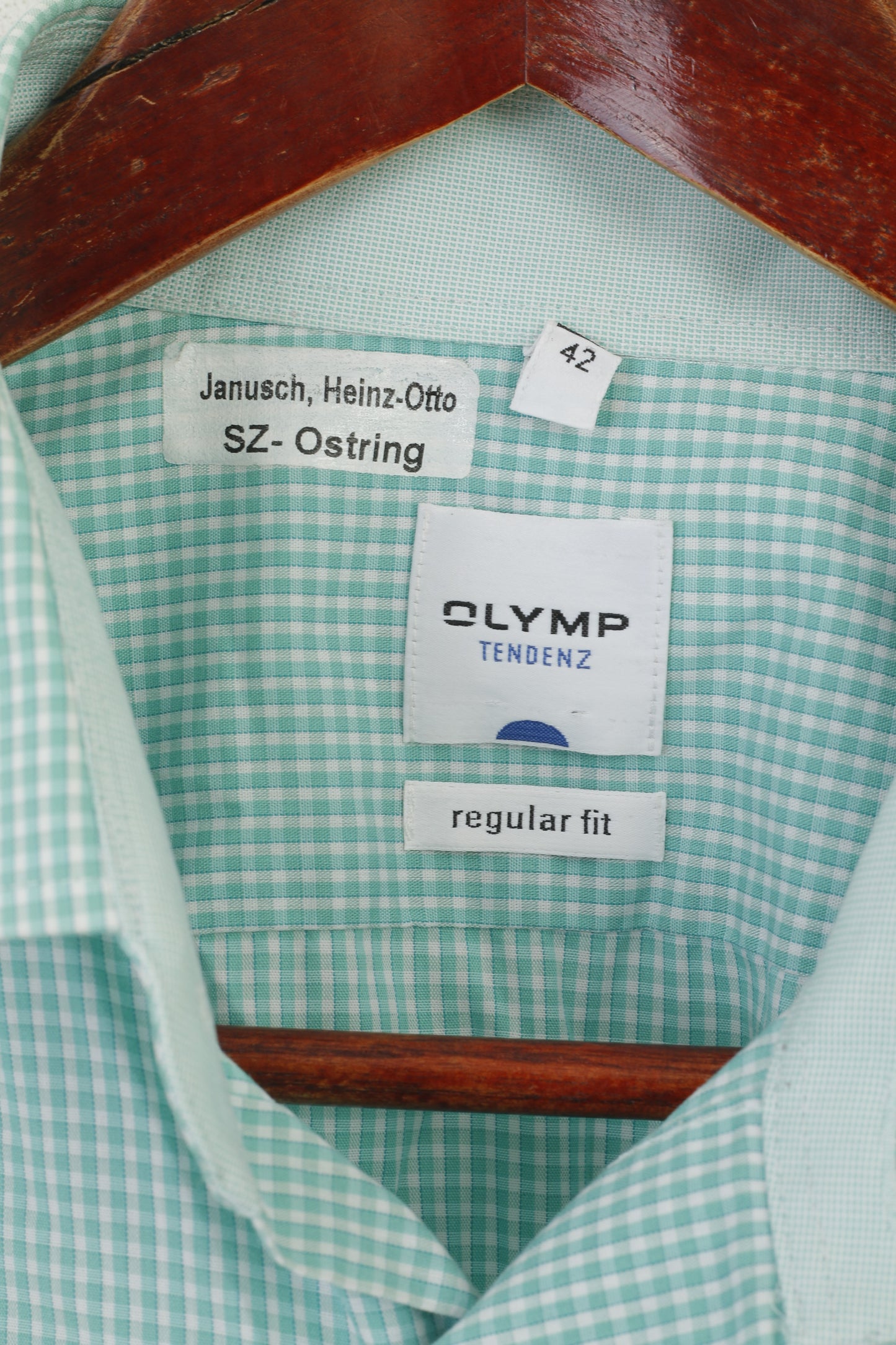 Olymp Tendenz Men 42 L Casual Shirt Green Check Cotton Regular Fit Long Sleeve Top