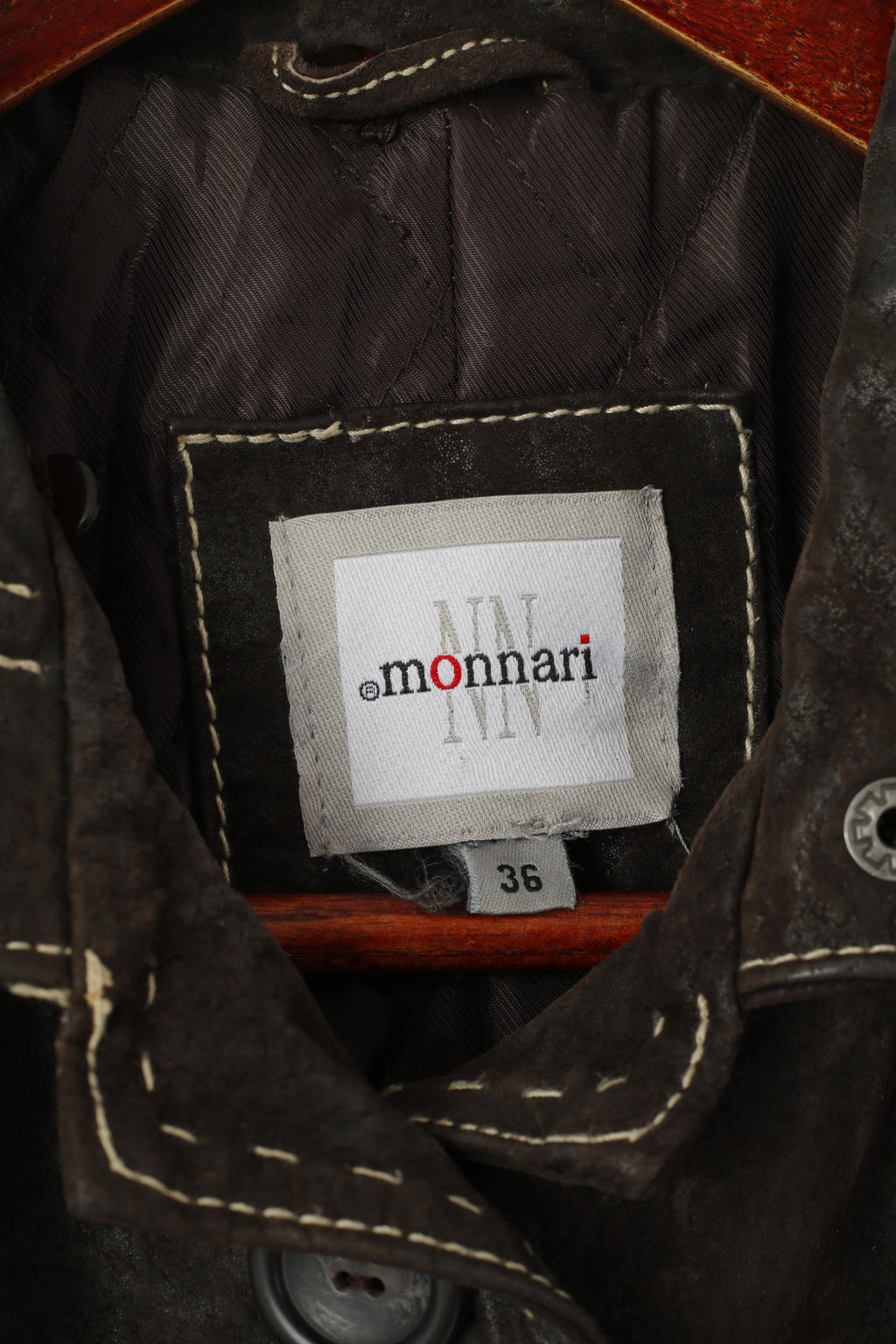 Monnari Women 36 S Leather Jacket Brown Vintage Single Breasted Shiny Coat