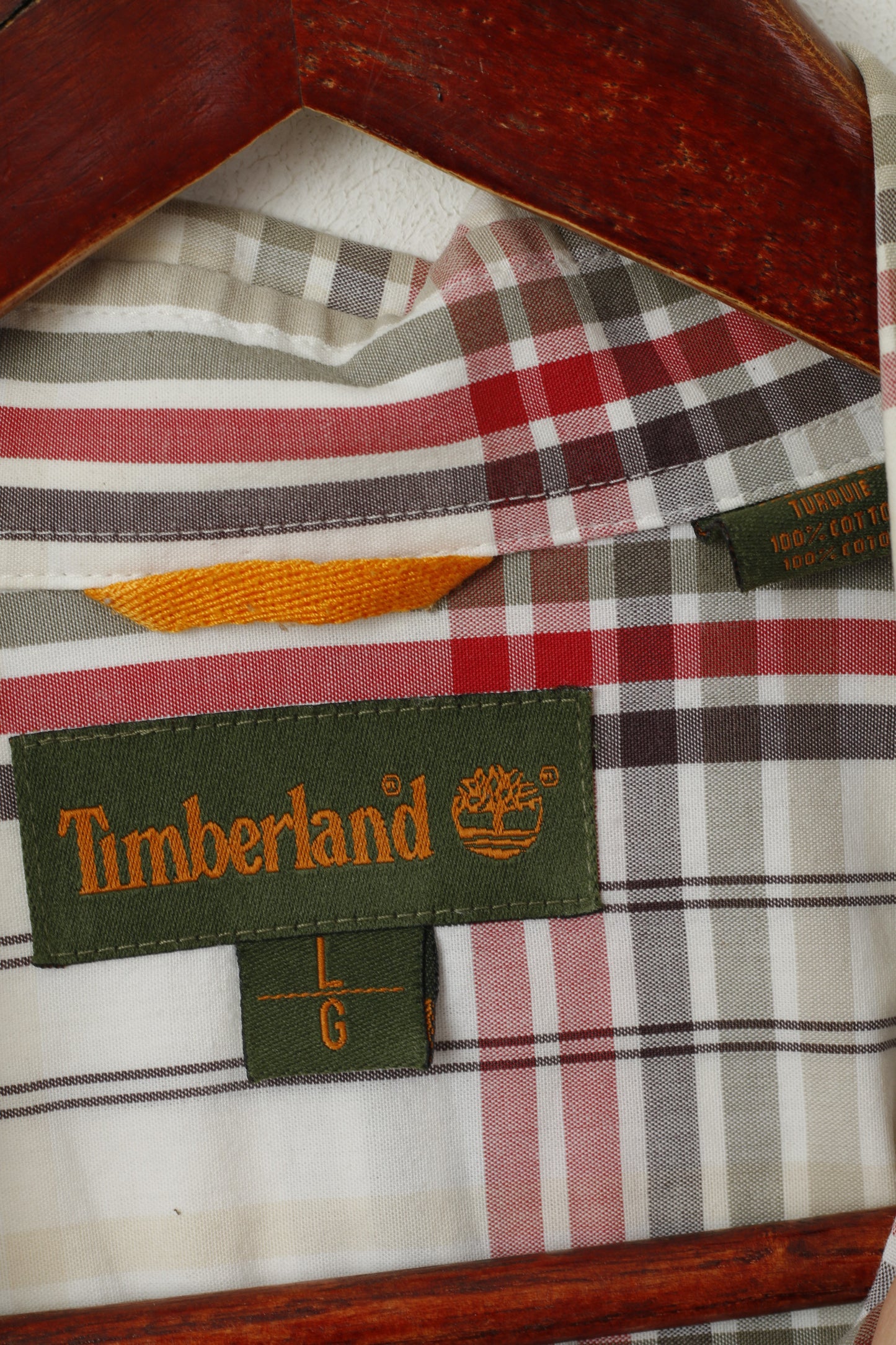 Timberland Hommes L (XL) Chemise décontractée Beige à carreaux Col boutonné Haut à manches courtes