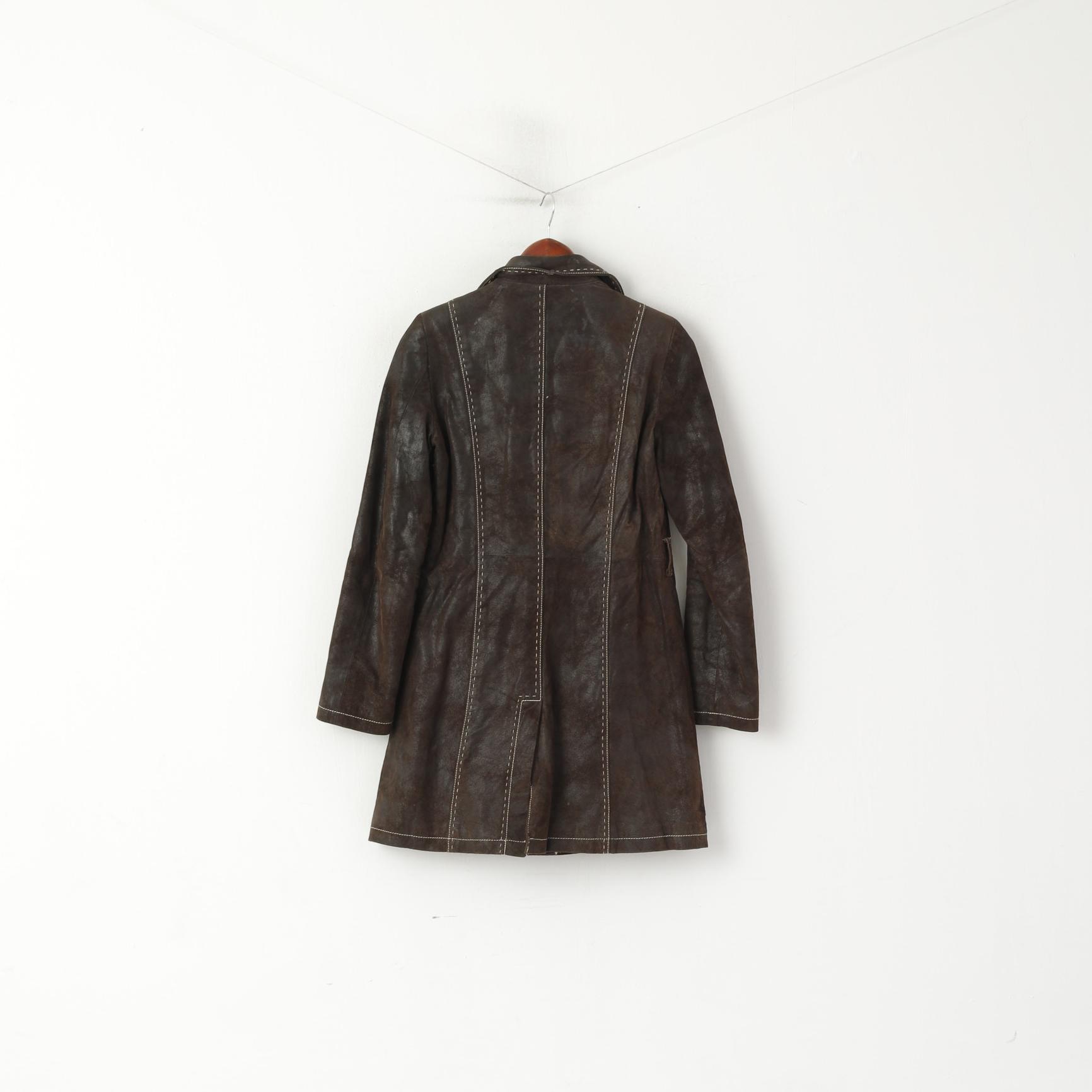 Monnari Women 36 S Leather Jacket Brown Vintage Single Breasted Shiny Coat