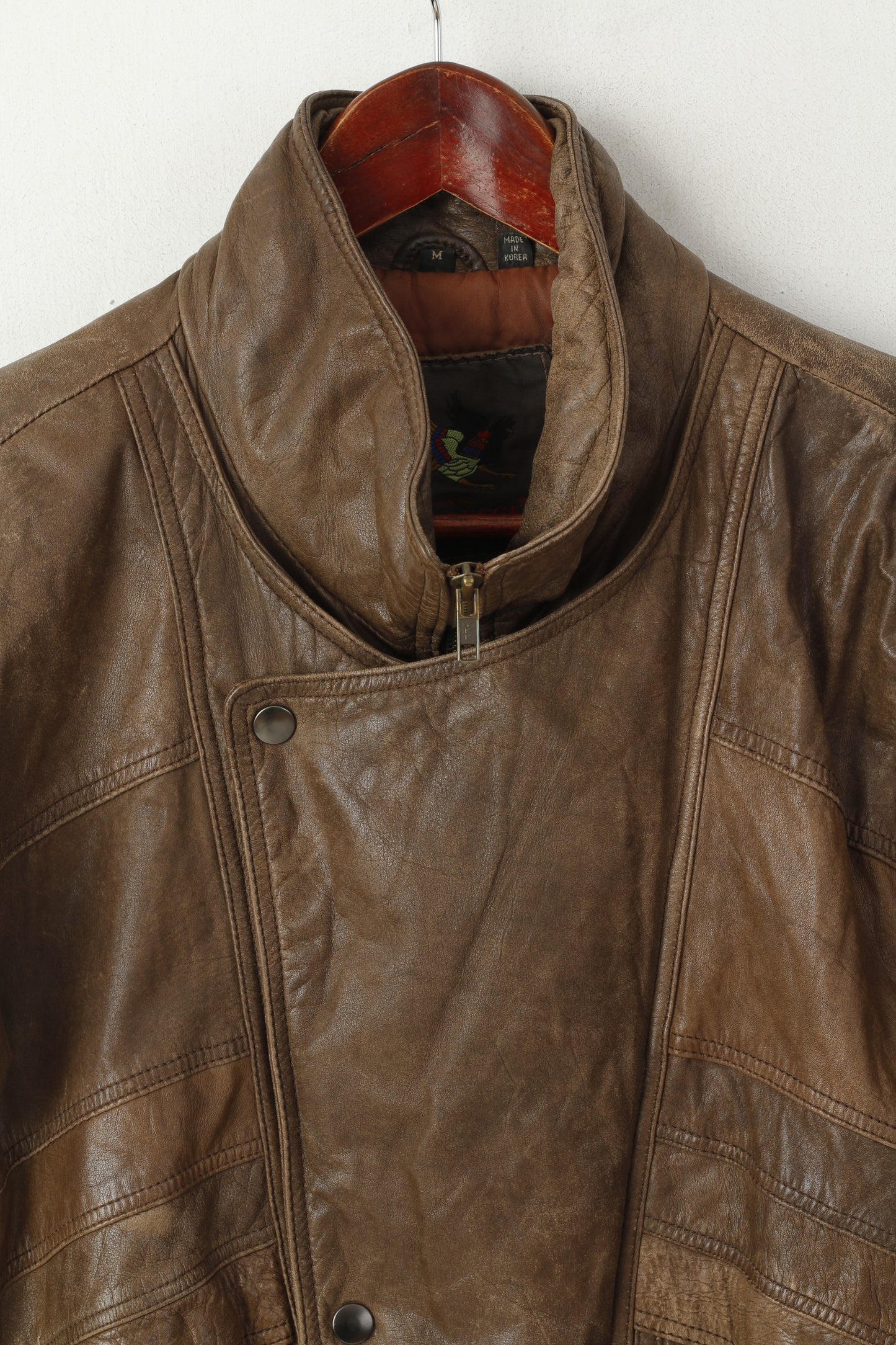 Dinno Gallucci Men M Leather Jacket Brown Pilot Vintage Biker Full Zip Shoulder Pads Top