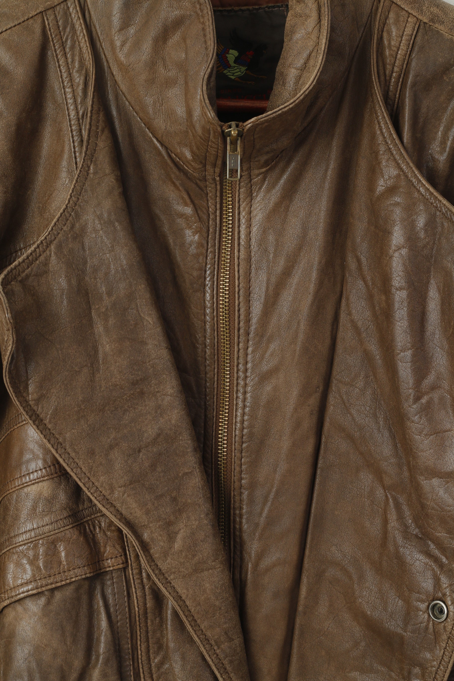 Dinno Gallucci Men M Leather Jacket Brown Pilot Vintage Biker Full Zip Shoulder Pads Top