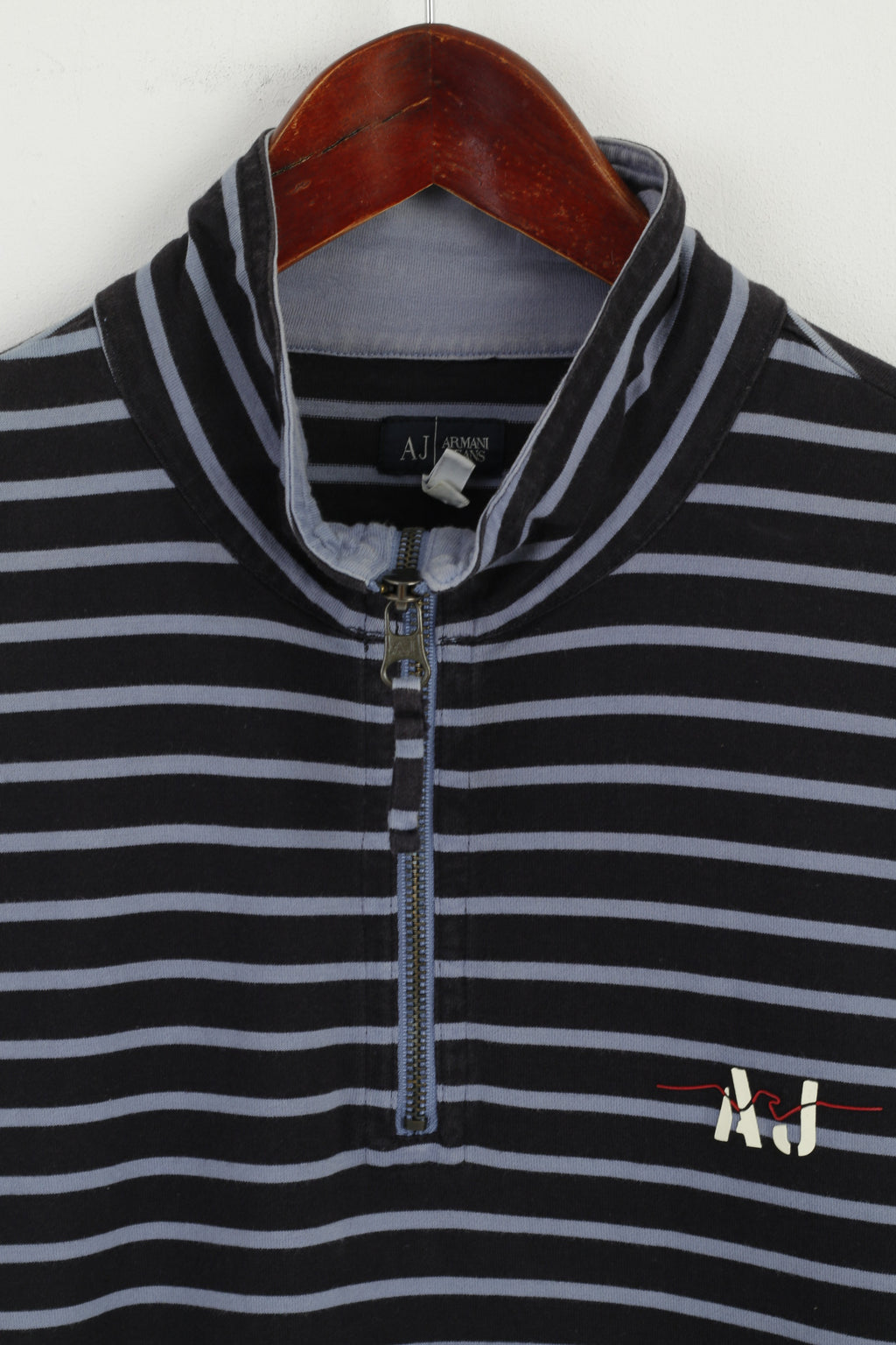 Armani Jeans Uomo M (S) Camicia Top a maniche corte slim fit in cotone a righe blu scuro con zip