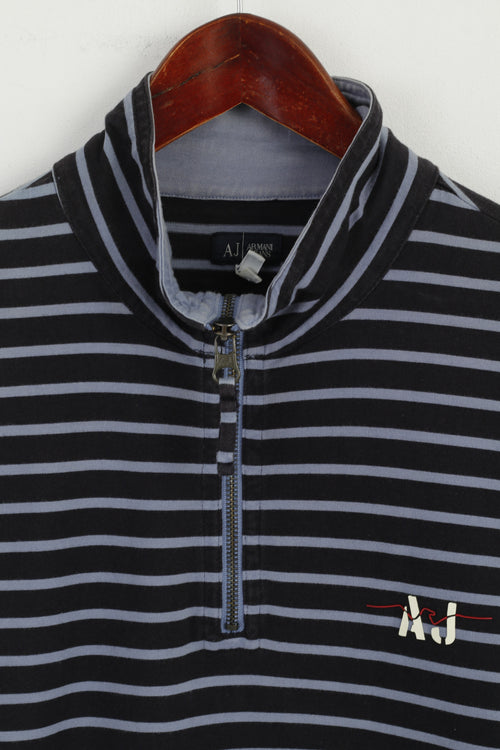 Armani Jeans Hommes M (S) Chemise Marine Rayé Coton Zip Cou Slim Fit Manches Courtes Haut
