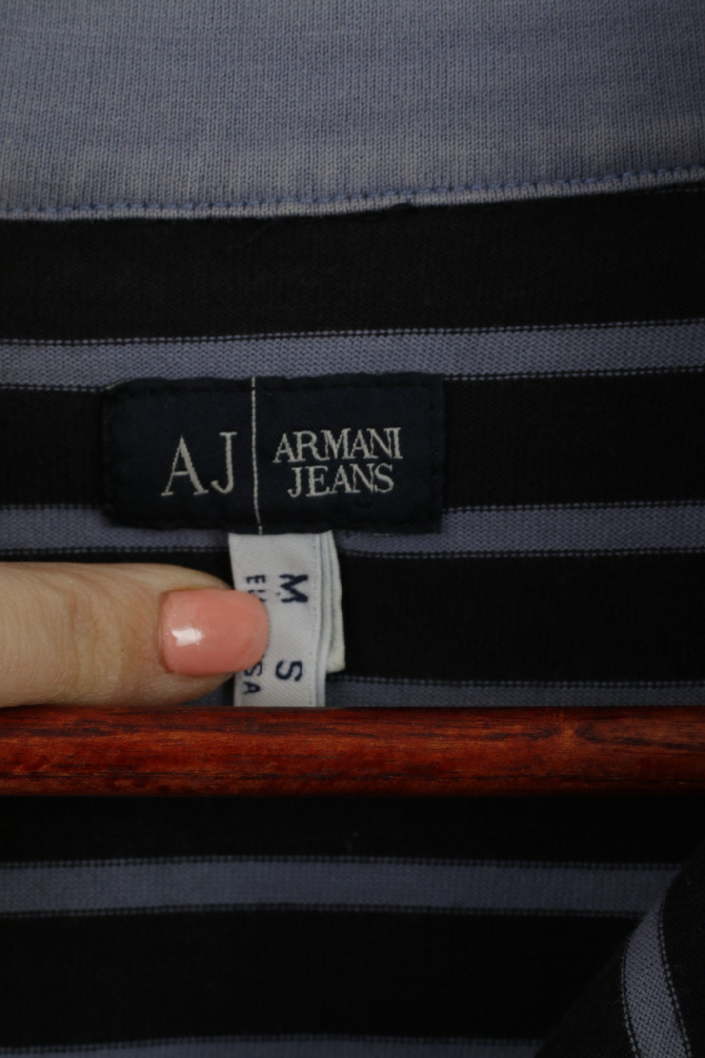 Armani Jeans Uomo M (S) Camicia Top a maniche corte slim fit in cotone a righe blu scuro con zip