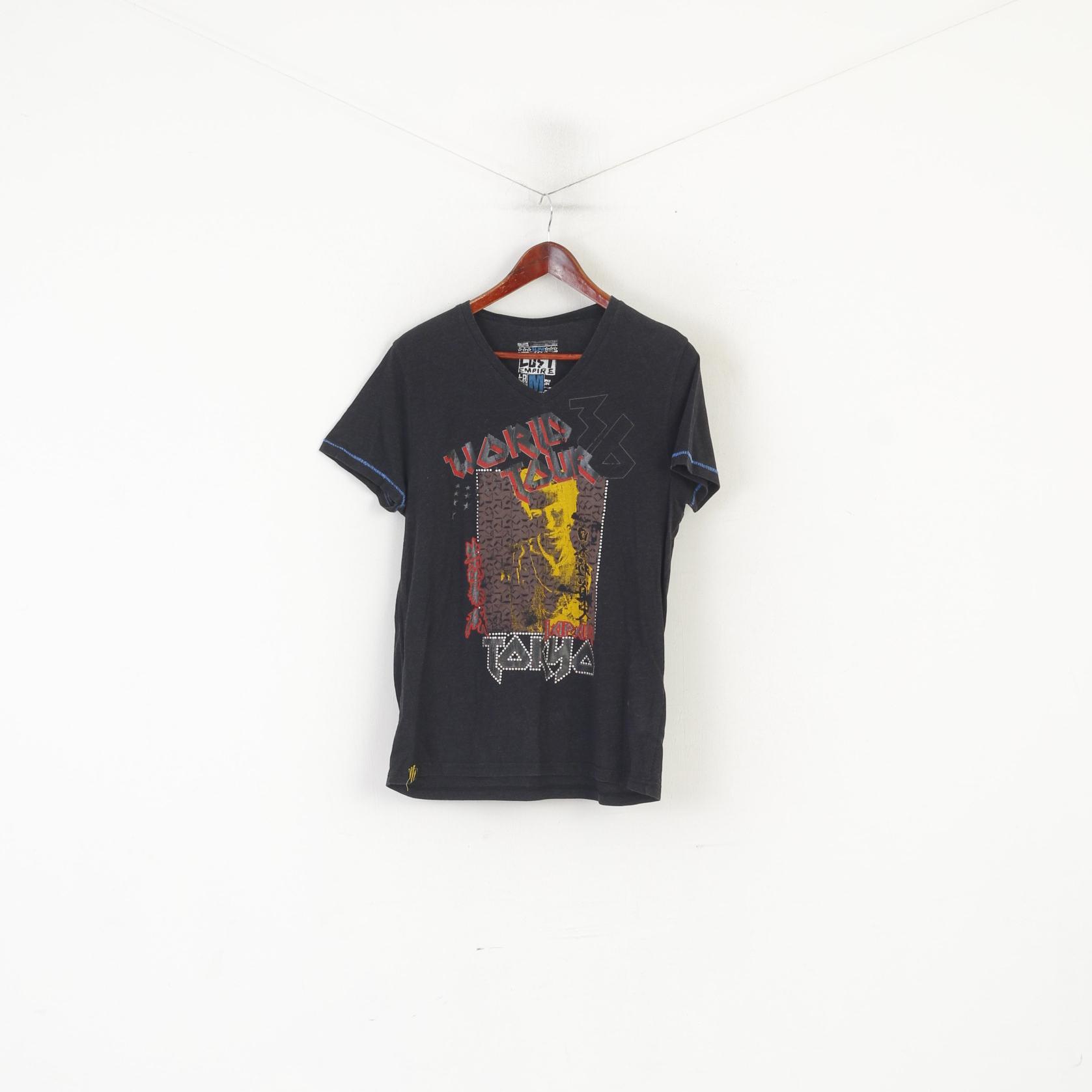 Lost Empire Men M (S) Shirt Black Cotton Slim Fit Tokyo World Tour V Neck Top