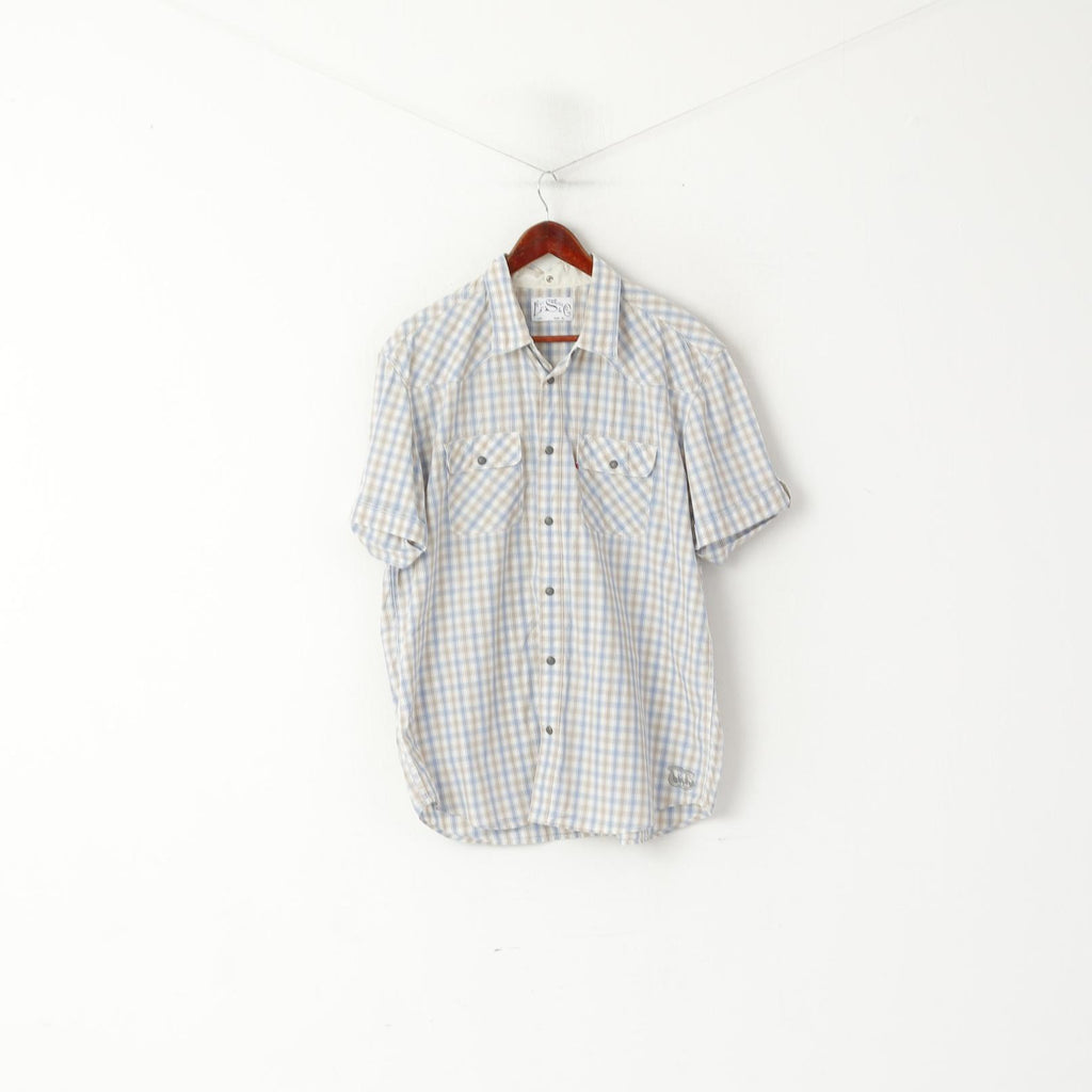 Levi's Men XL Casual Shirt Blue Beige Check Cotton Snap Short Sleeve Top