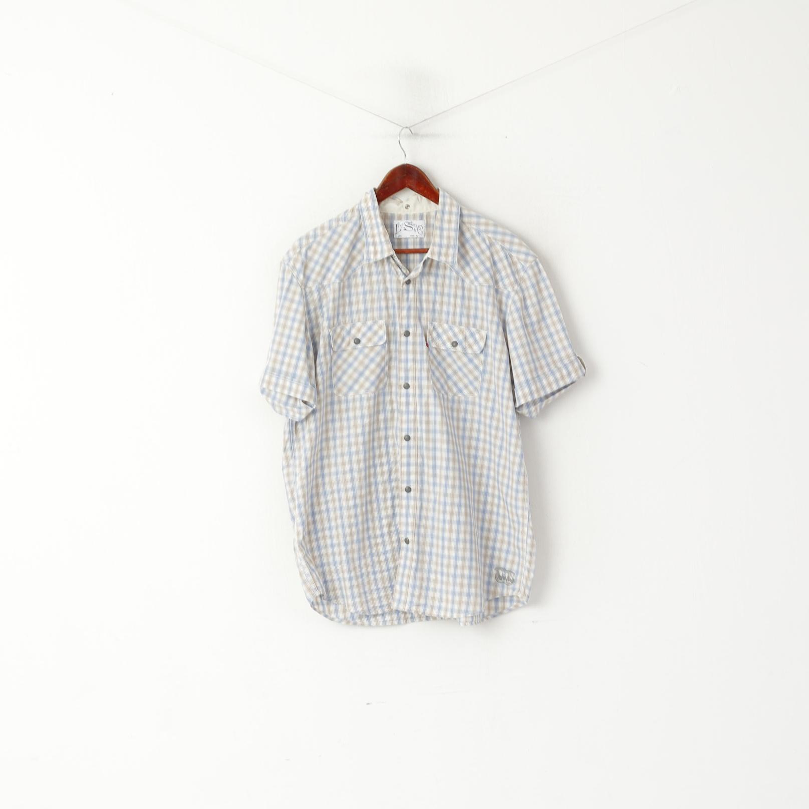 Levi's Men XL Casual Shirt Blue Beige Check Cotton Snap Short Sleeve Top