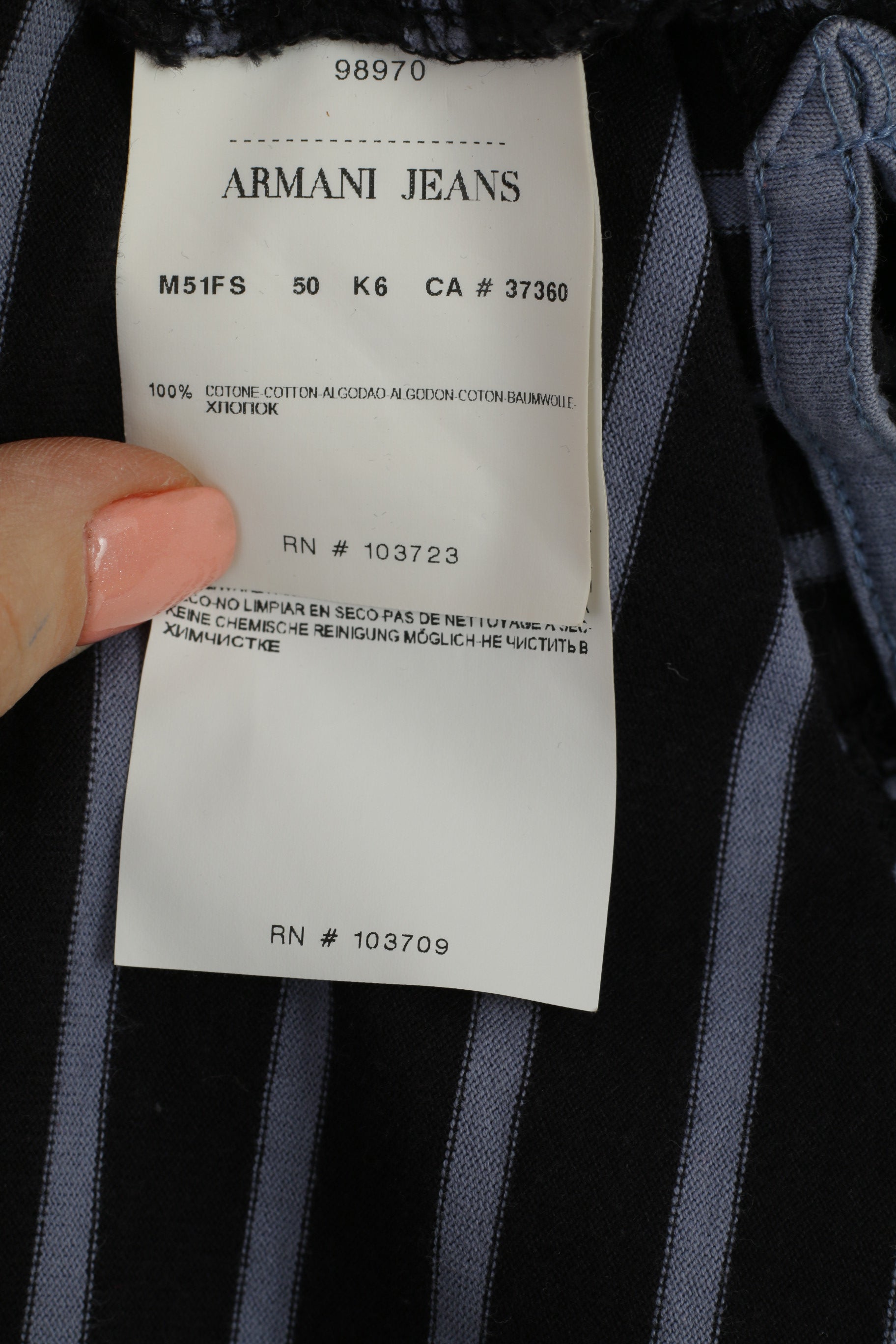 Armani Jeans Uomo M (S) Camicia Top a maniche corte slim fit in cotone a righe blu scuro con zip