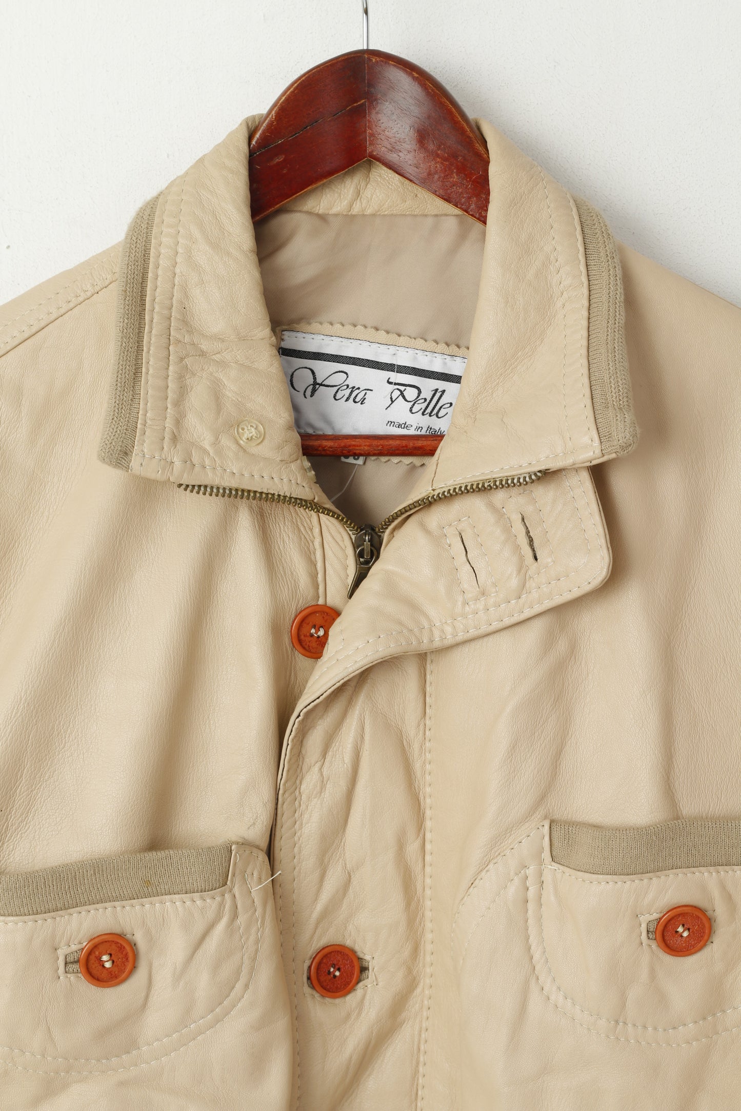 Vintage Men 50 M Leather Jacket Beige Bomber Pockets Vera Pelle Made in Italy Top