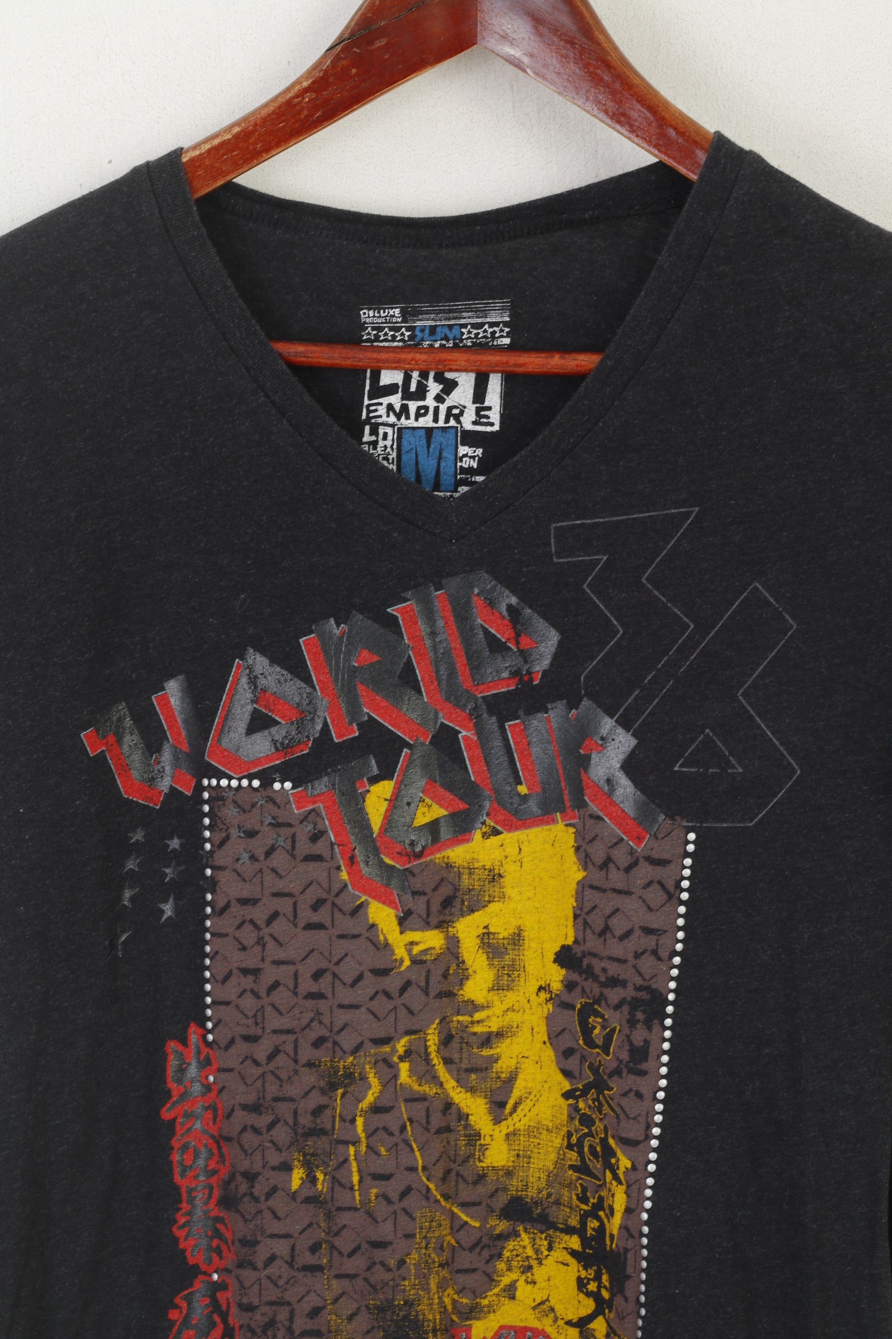 Lost Empire Men M (S) Shirt Black Cotton Slim Fit Tokyo World Tour V Neck Top