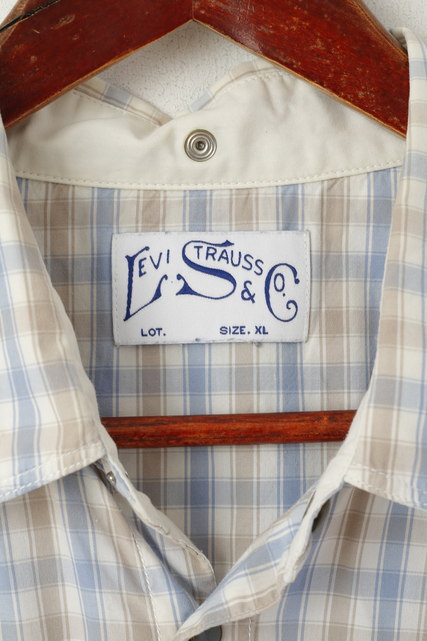 Levi's Men XL Casual Shirt Blue Beige Check Cotton Snap Short Sleeve Top