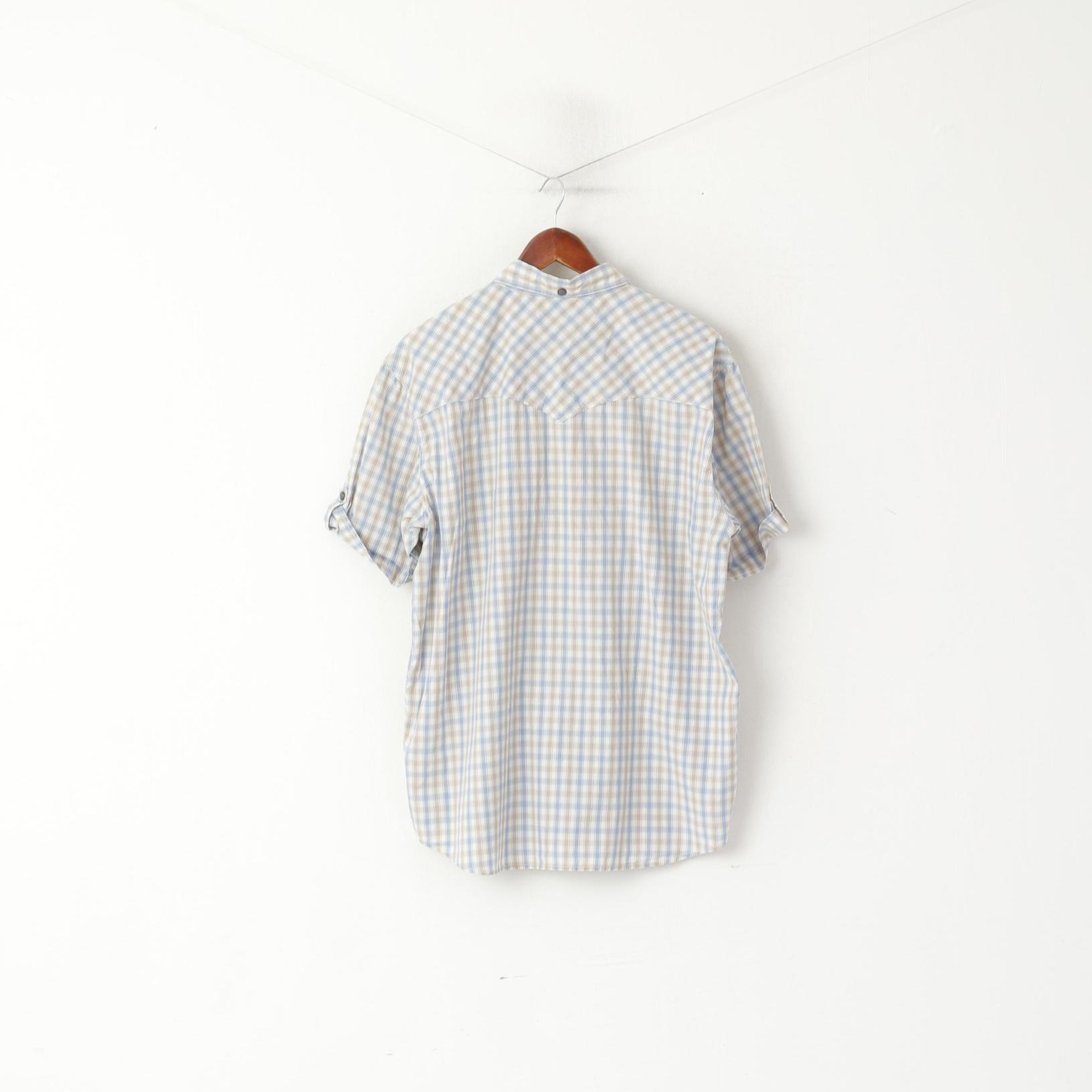 Levi's Men XL Casual Shirt Blue Beige Check Cotton Snap Short Sleeve Top