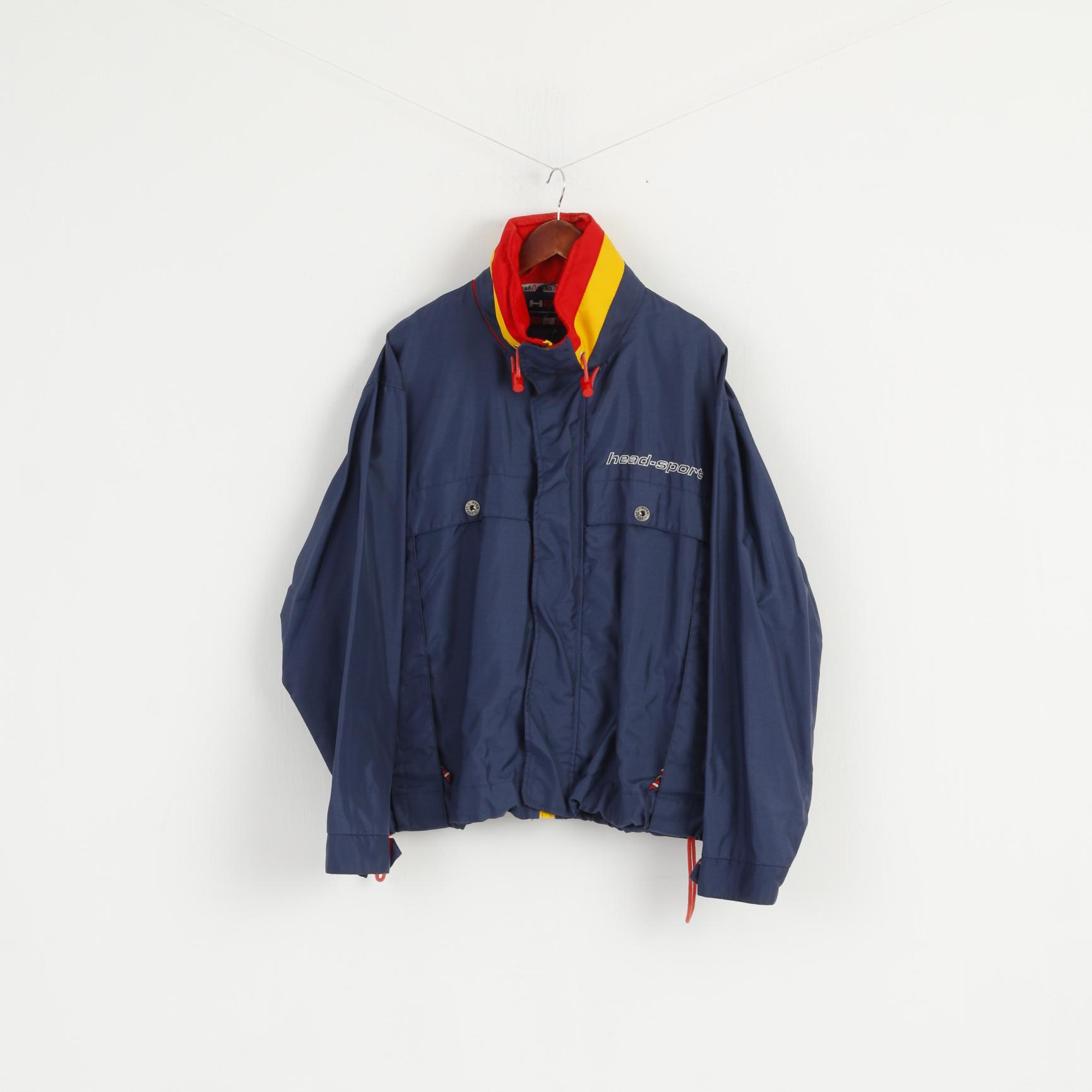 Giacca Head da uomo XL in nylon blu sportivo con cappuccio nascosto impermeabile top vintage
