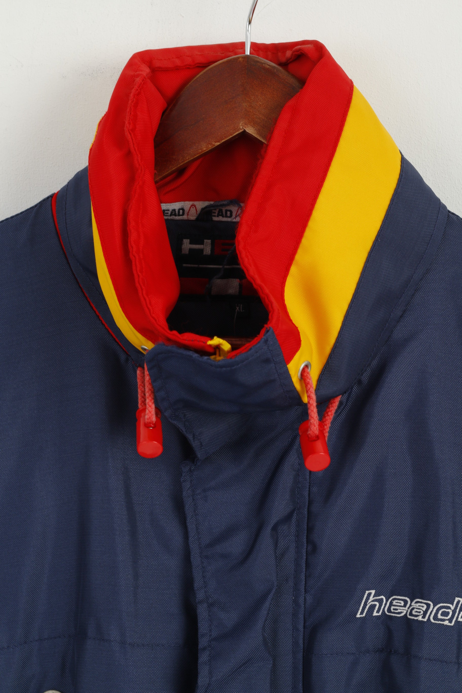 Giacca Head da uomo XL in nylon blu sportivo con cappuccio nascosto impermeabile top vintage