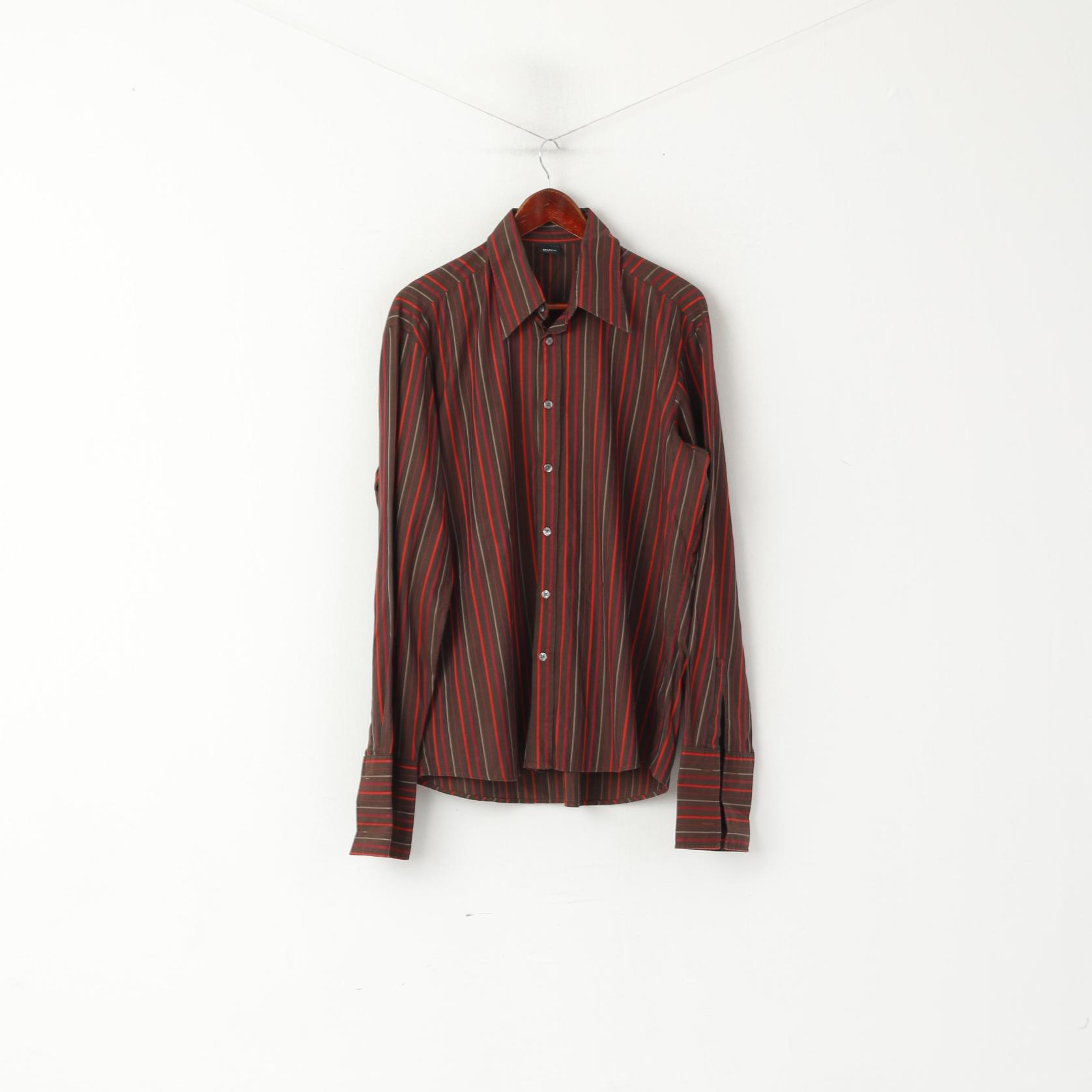 Hugo Boss Men L Casual Shirt Brown Striped Cotton Long Sleeve Cufflinks Top