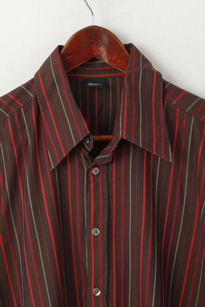 Hugo Boss Men L Casual Shirt Brown Striped Cotton Long Sleeve Cufflinks Top