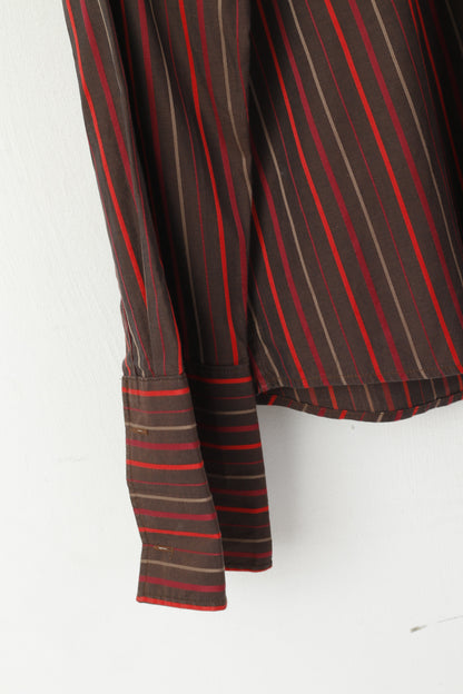 Hugo Boss Camicia casual da uomo L Top con gemelli a maniche lunghe in cotone a righe marroni