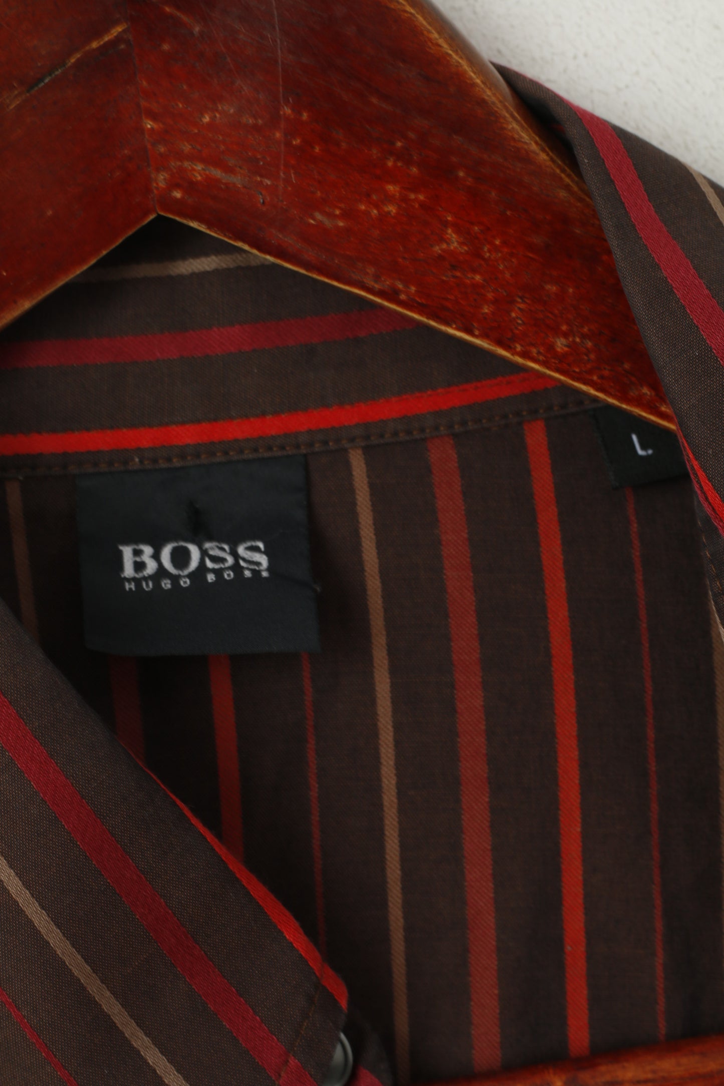 Hugo Boss Men L Casual Shirt Brown Striped Cotton Long Sleeve Cufflinks Top