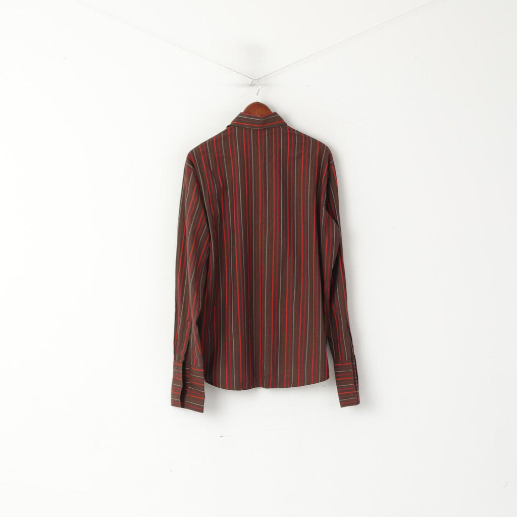 Hugo Boss Men L Casual Shirt Brown Striped Cotton Long Sleeve Cufflinks Top
