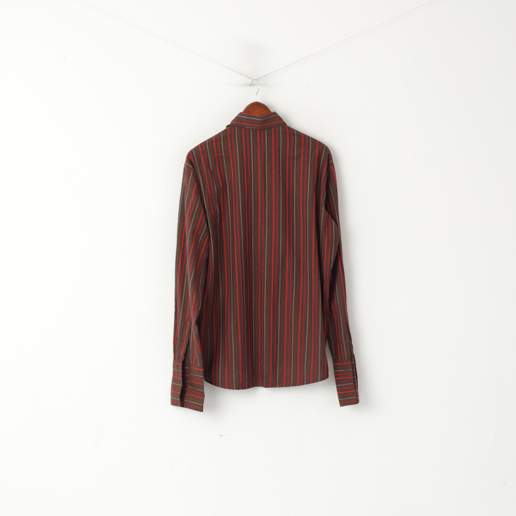 Hugo Boss Men L Casual Shirt Brown Striped Cotton Long Sleeve Cufflinks Top